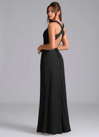 Modern chiffon sheath high neck sleeveless crisscross back floor length bridesmaid dress with self-tie closure