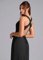 Modern chiffon sheath high neck sleeveless crisscross back floor length bridesmaid dress with self-tie closure