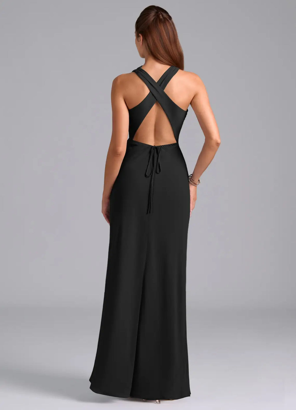 Modern chiffon sheath high neck sleeveless crisscross back floor length bridesmaid dress with self-tie closure