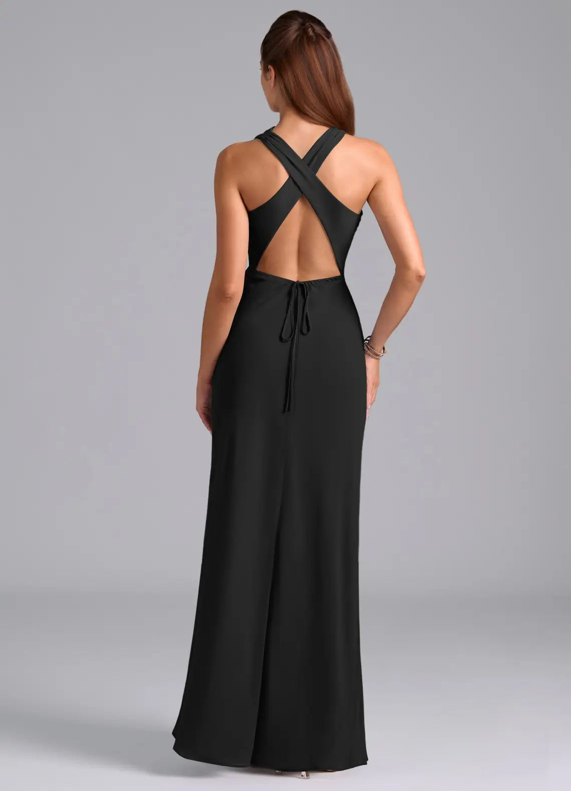 Modern chiffon sheath high neck sleeveless crisscross back floor length bridesmaid dress with self-tie closure