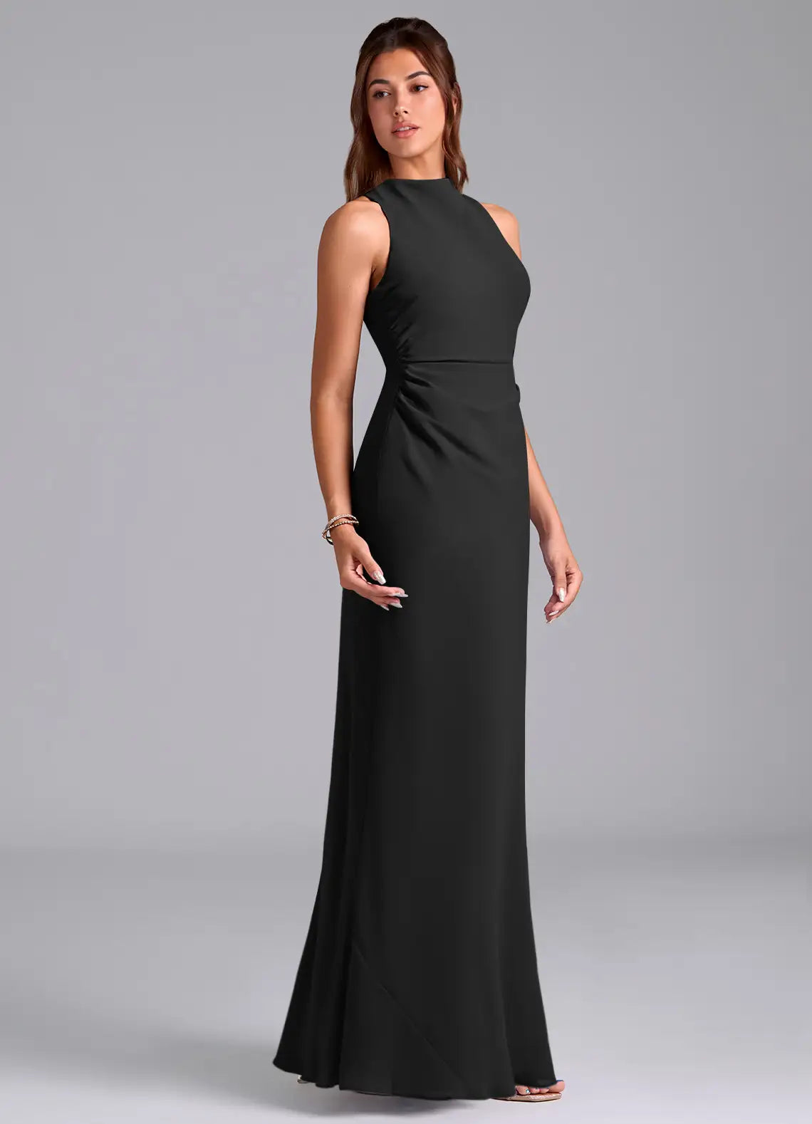 Modern chiffon sheath high neck sleeveless crisscross back floor length bridesmaid dress with self-tie closure