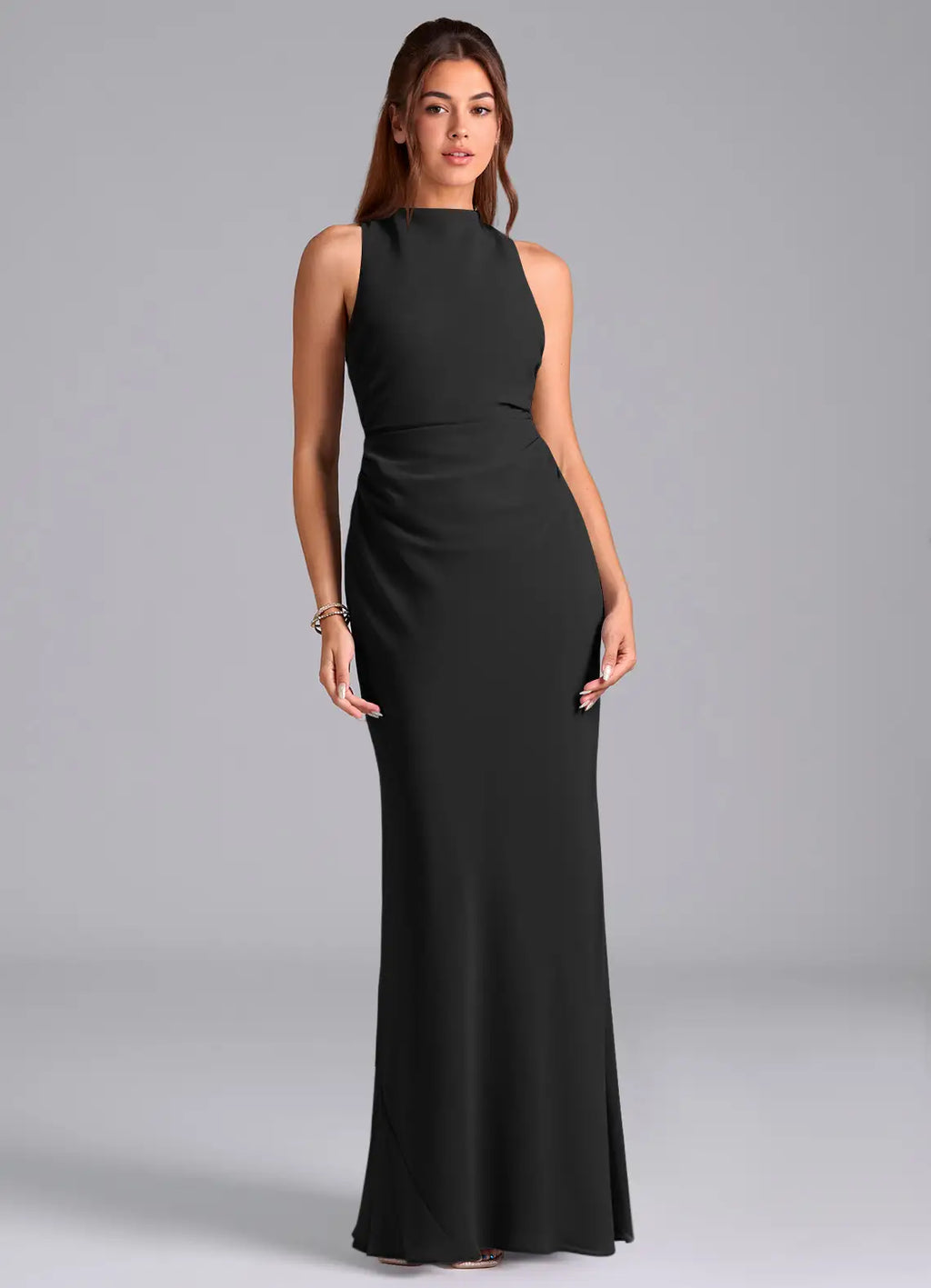 Modern chiffon sheath high neck sleeveless crisscross back floor length bridesmaid dress with self-tie closure