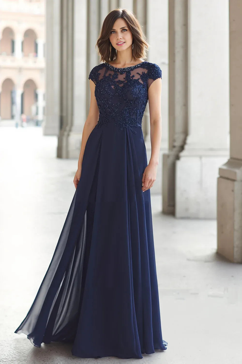 A-Line Boat Neck Short Sleeve Sheer Back Floor-Length Mother of the Bride Dress