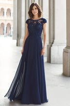 A-Line Boat Neck Short Sleeve Sheer Back Floor-Length Mother of the Bride Dress