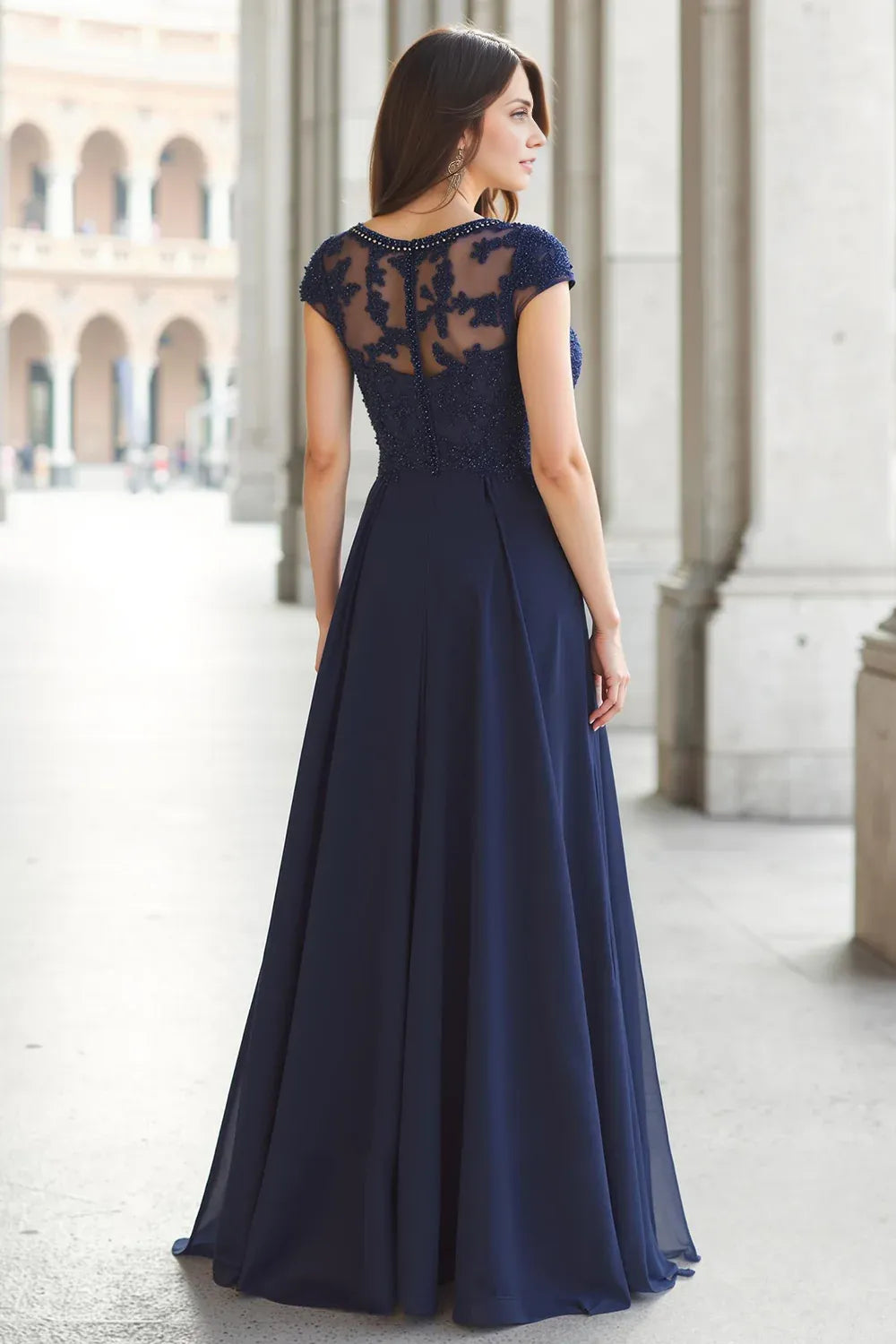 A-Line Boat Neck Short Sleeve Sheer Back Floor-Length Mother of the Bride Dress