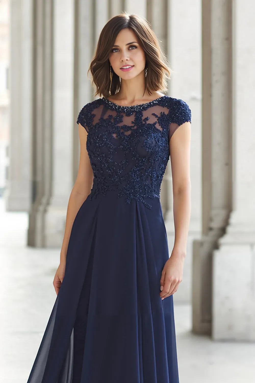 A-Line Boat Neck Short Sleeve Sheer Back Floor-Length Mother of the Bride Dress