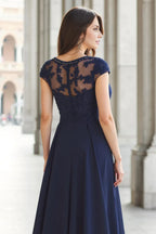 A-Line Boat Neck Short Sleeve Sheer Back Floor-Length Mother of the Bride Dress