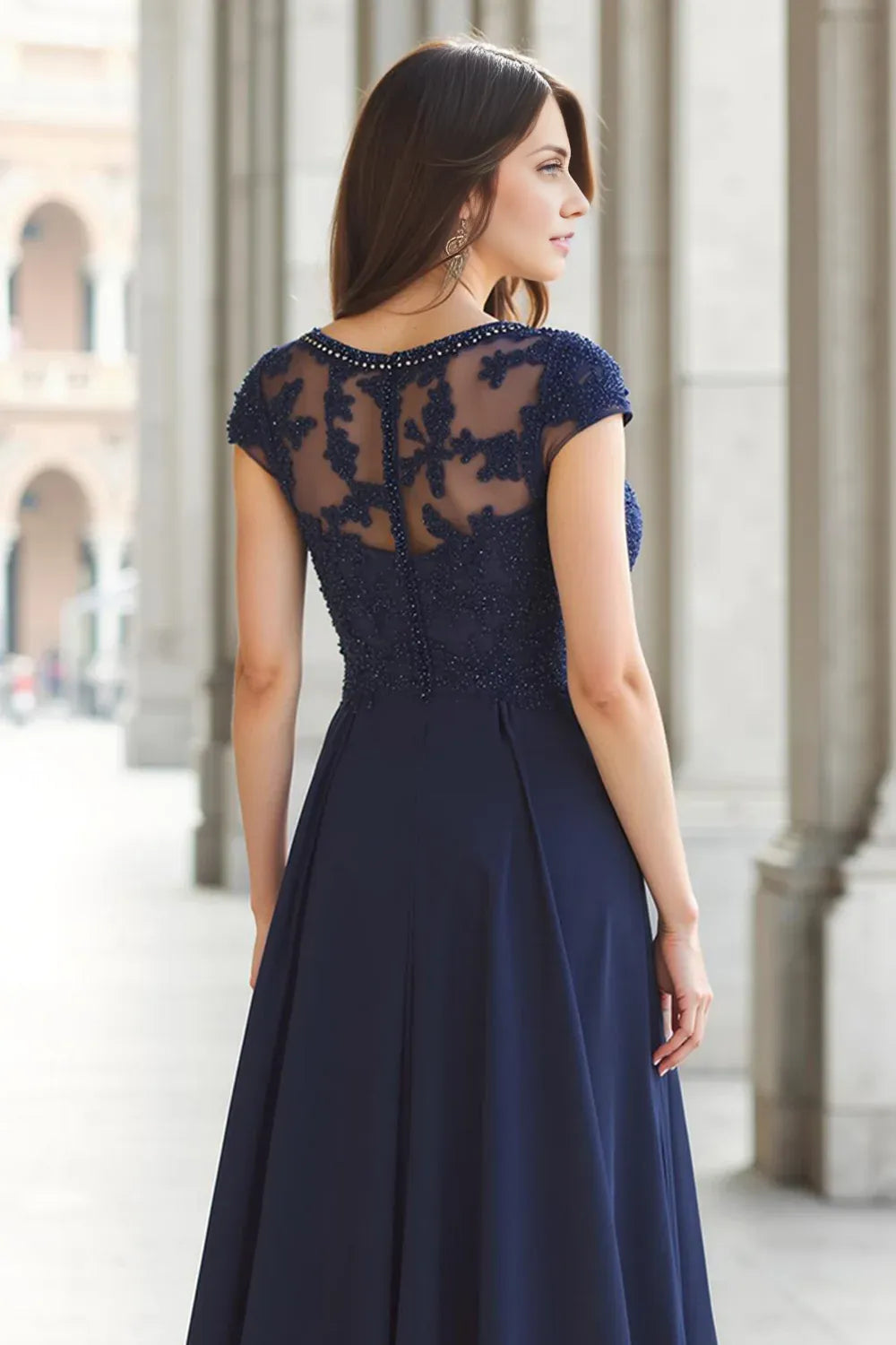 A-Line Boat Neck Short Sleeve Sheer Back Floor-Length Mother of the Bride Dress