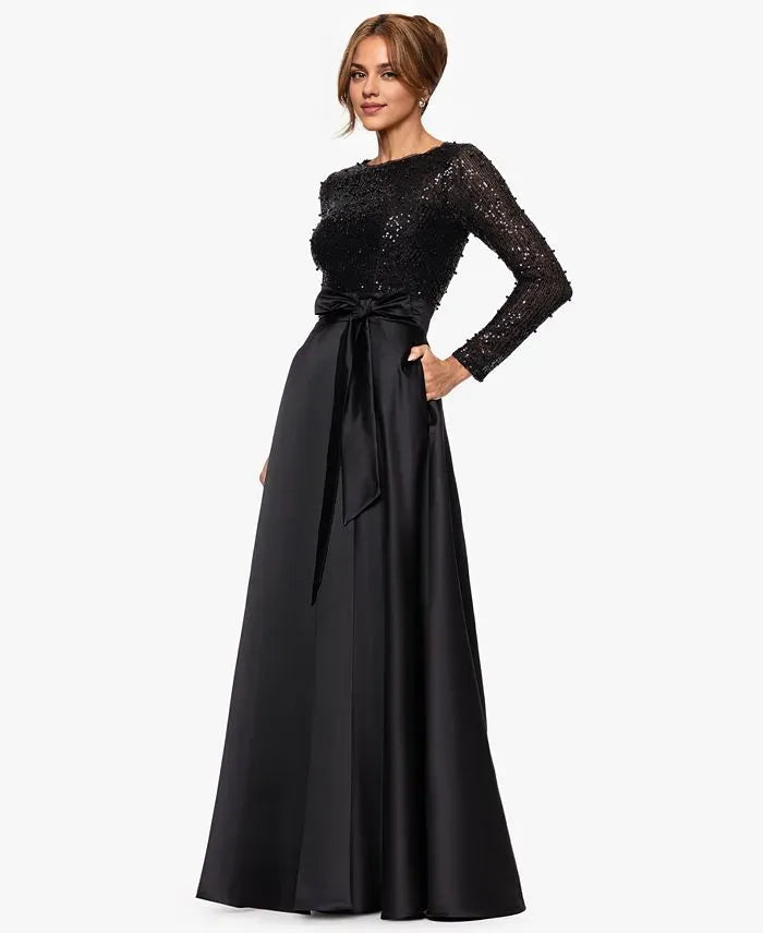 A-Line Halter Neck Long Sleeve Pleated Sequins Floor-Length Prom Dress