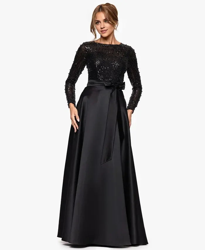 A-Line Halter Neck Long Sleeve Pleated Sequins Floor-Length Prom Dress