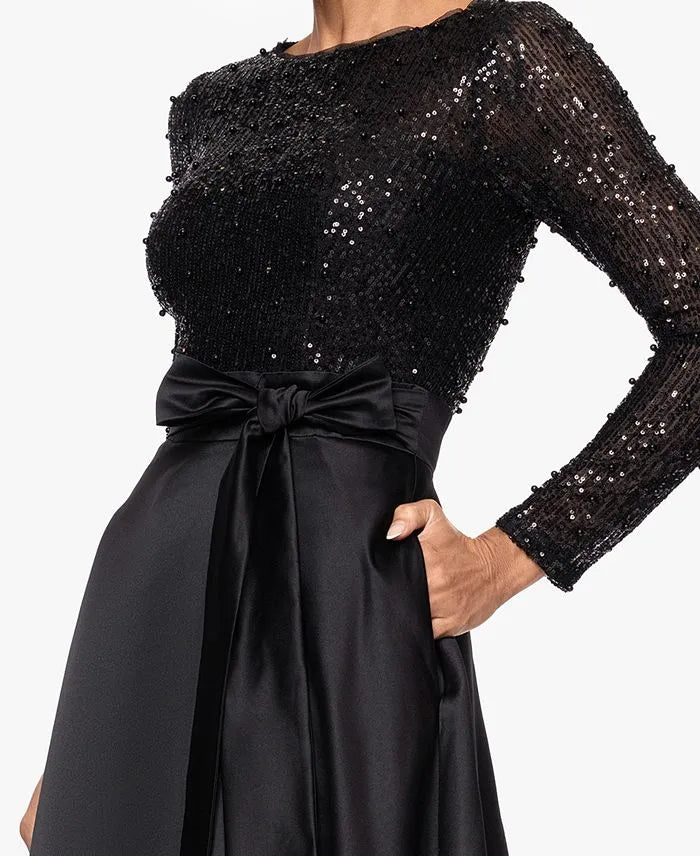 A-Line Halter Neck Long Sleeve Pleated Sequins Floor-Length Prom Dress