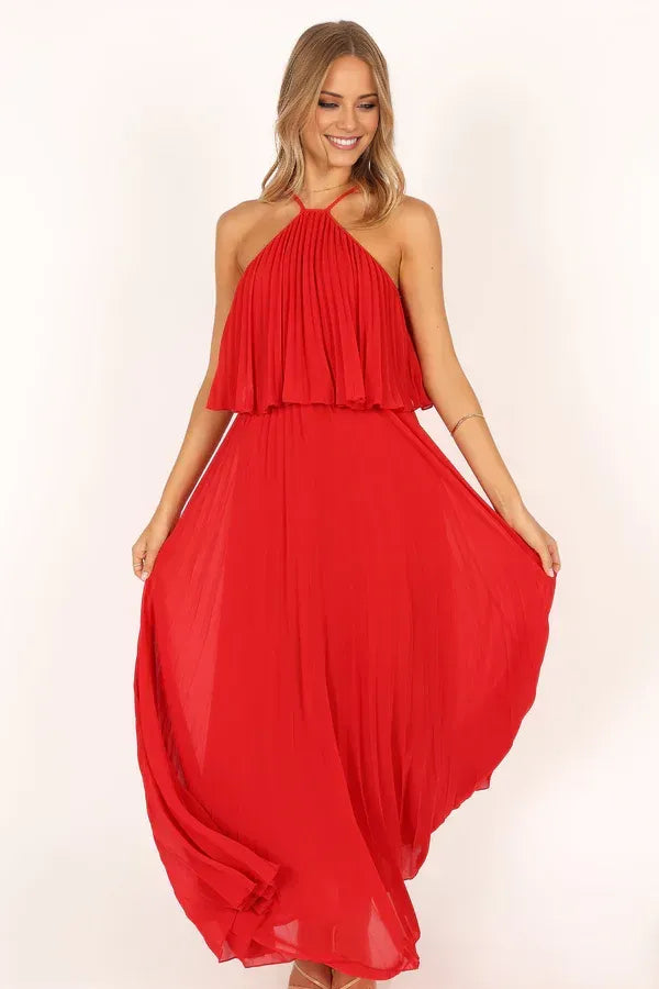 A-Line Halter Neck Sleeveless Backless Ankle-Length Prom Dress
