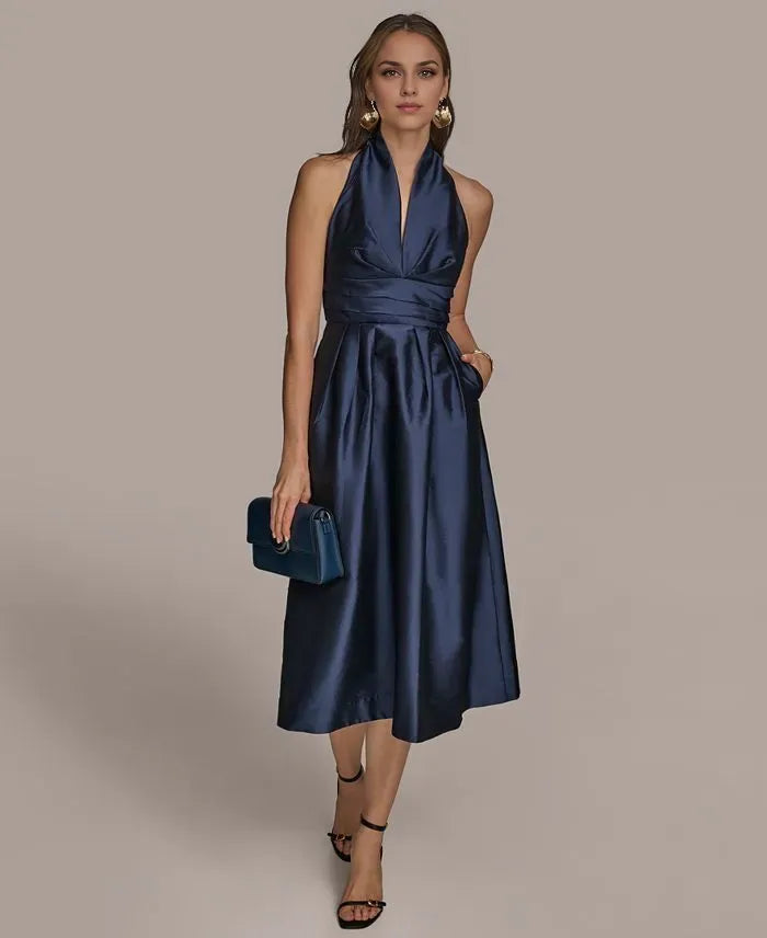 A-Line Halter Neck Sleeveless Pleated Tea-Length Prom Dress