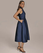 A-Line Halter Neck Sleeveless Pleated Tea-Length Prom Dress