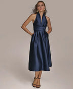 A-Line Halter Neck Sleeveless Pleated Tea-Length Prom Dress