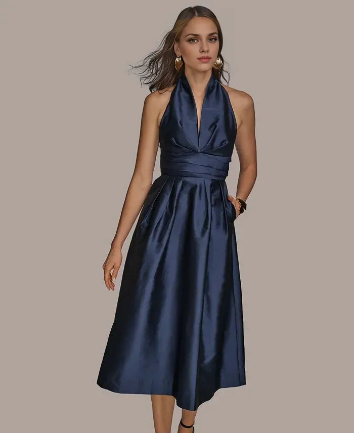 A-Line Halter Neck Sleeveless Pleated Tea-Length Prom Dress