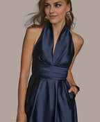 A-Line Halter Neck Sleeveless Pleated Tea-Length Prom Dress