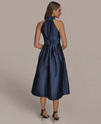 A-Line Halter Neck Sleeveless Pleated Tea-Length Prom Dress