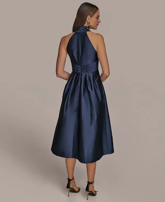 A-Line Halter Neck Sleeveless Pleated Tea-Length Prom Dress