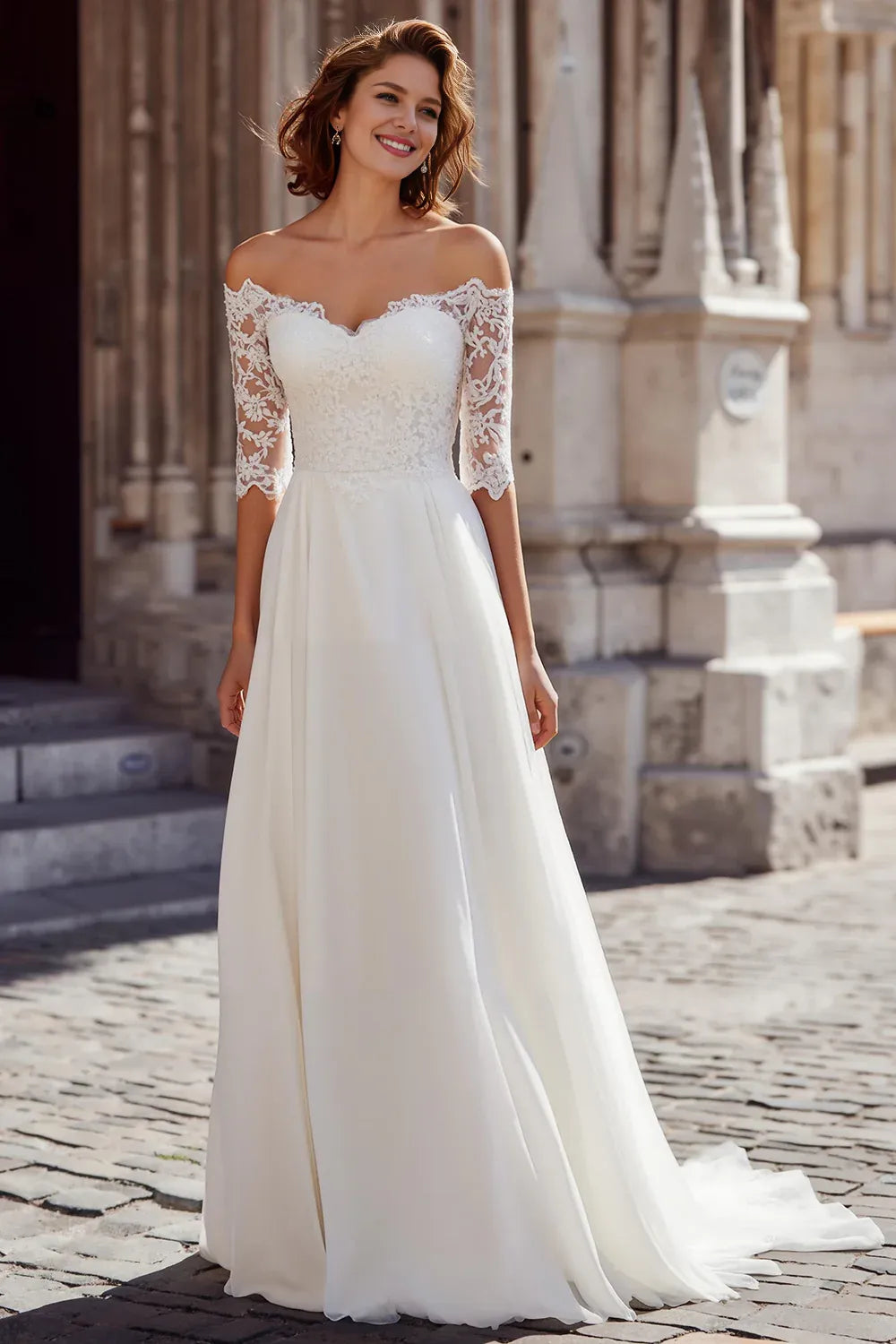 A-Line Off the Shoulder 1/2 Sleeve Sweep Train Wedding Dress