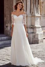 A-Line Off the Shoulder 1/2 Sleeve Sweep Train Wedding Dress