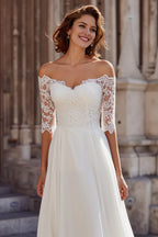 A-Line Off the Shoulder 1/2 Sleeve Sweep Train Wedding Dress