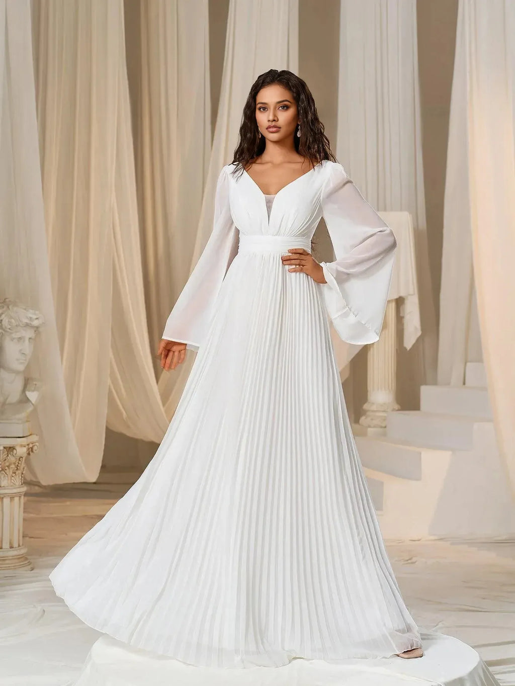 A-Line Plunging Neck Flared Sleeves Zipper Up Floor-Length Prom Dress
