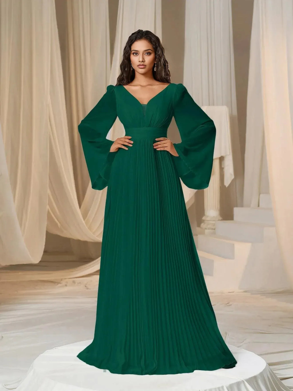 A-Line Plunging Neck Flared Sleeves Zipper Up Floor-Length Prom Dress