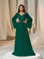 A-Line Plunging Neck Flared Sleeves Zipper Up Floor-Length Prom Dress