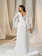 A-Line Plunging Neck Flared Sleeves Zipper Up Floor-Length Prom Dress