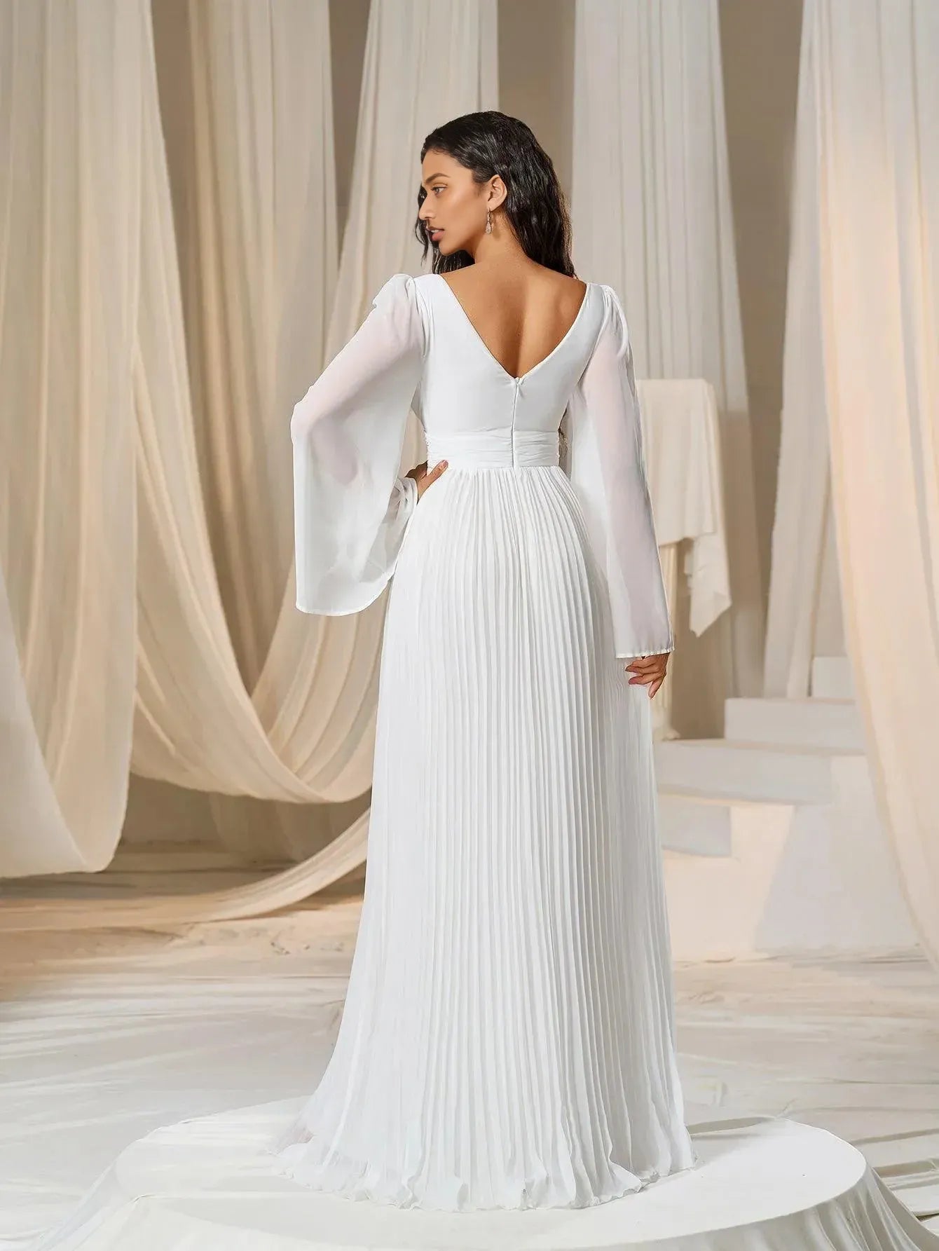 A-Line Plunging Neck Flared Sleeves Zipper Up Floor-Length Prom Dress