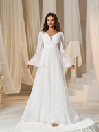 A-Line Plunging Neck Flared Sleeves Zipper Up Floor-Length Prom Dress