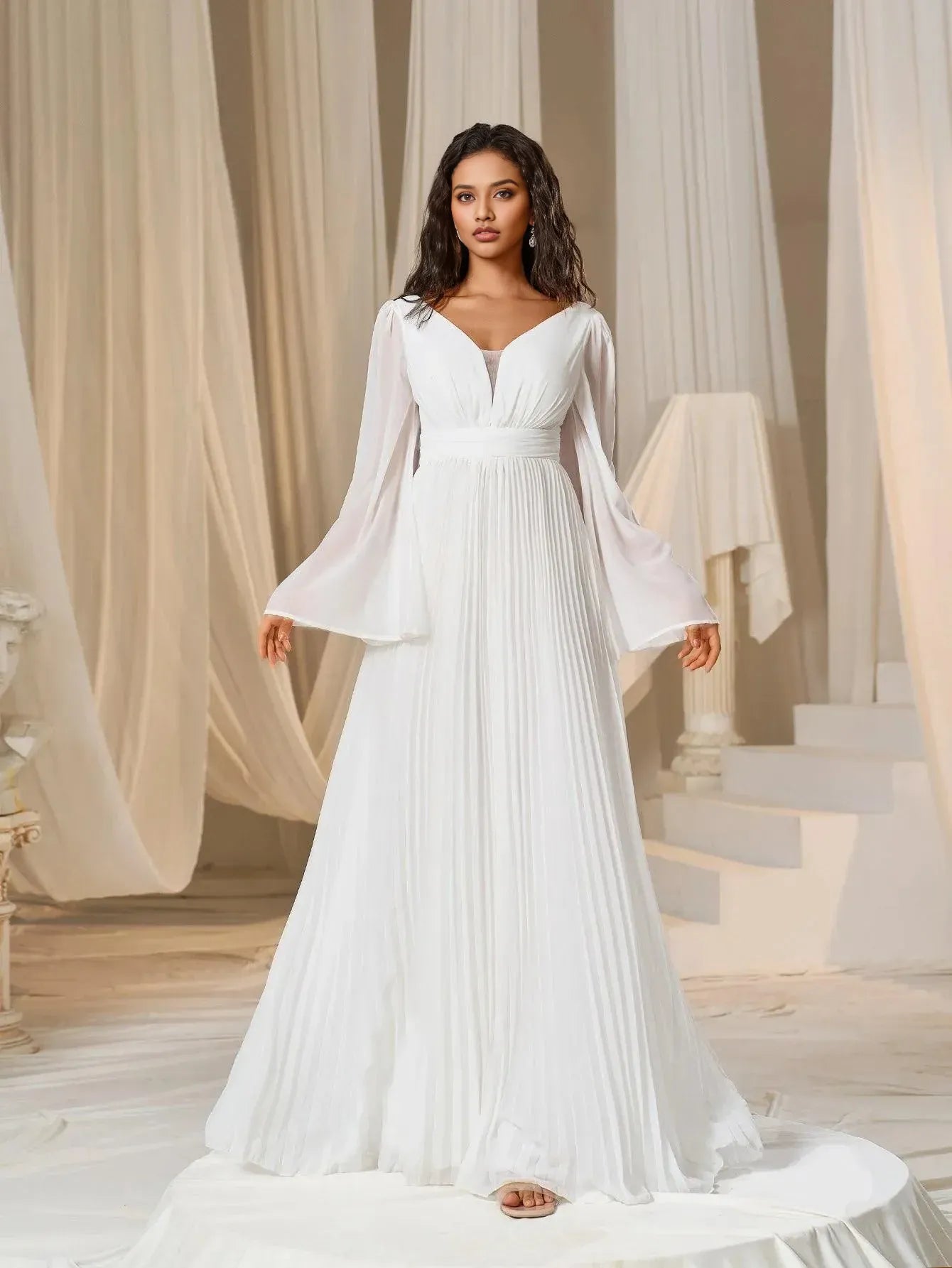 A-Line Plunging Neck Flared Sleeves Zipper Up Floor-Length Prom Dress
