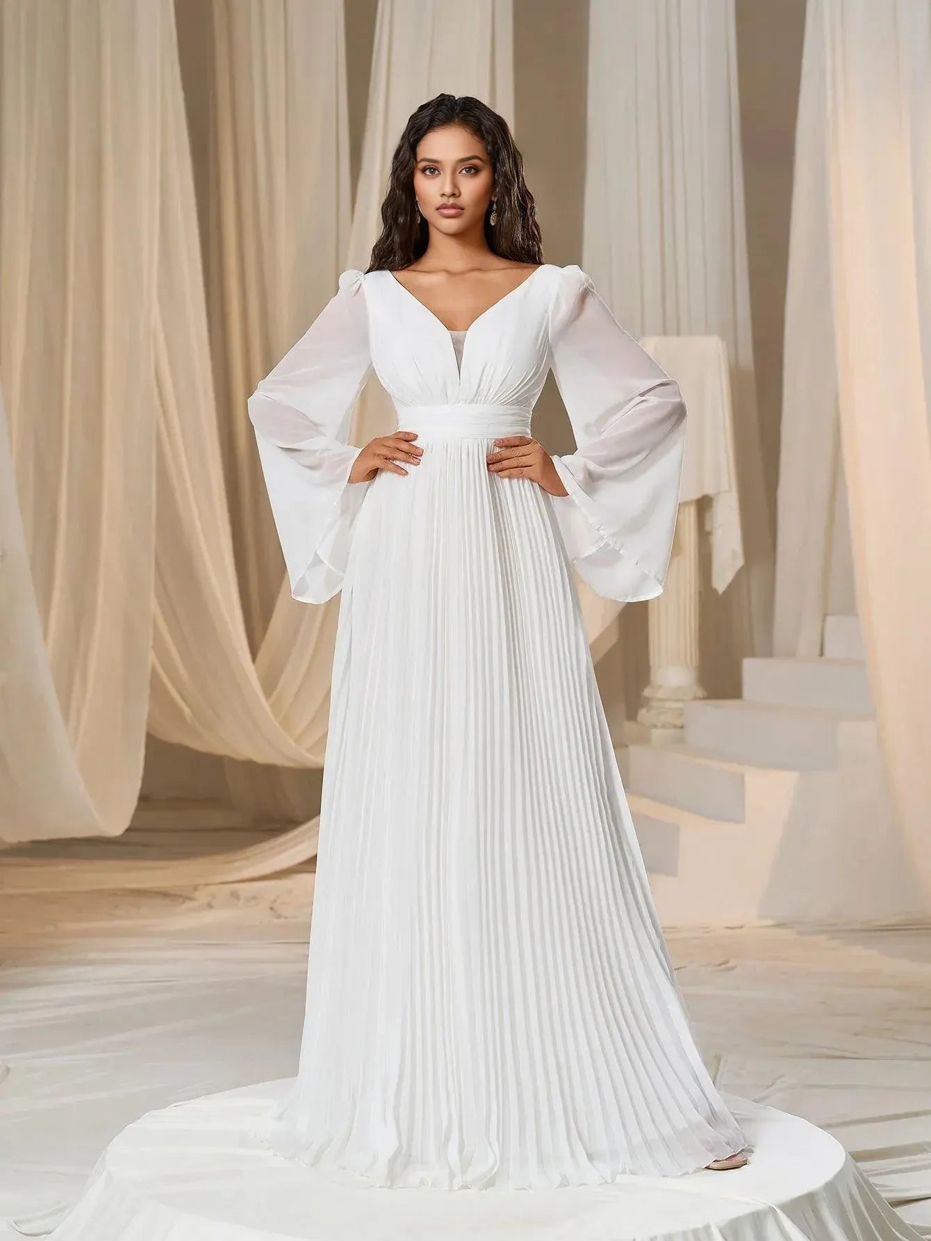 A-Line Plunging Neck Flared Sleeves Zipper Up Floor-Length Prom Dress