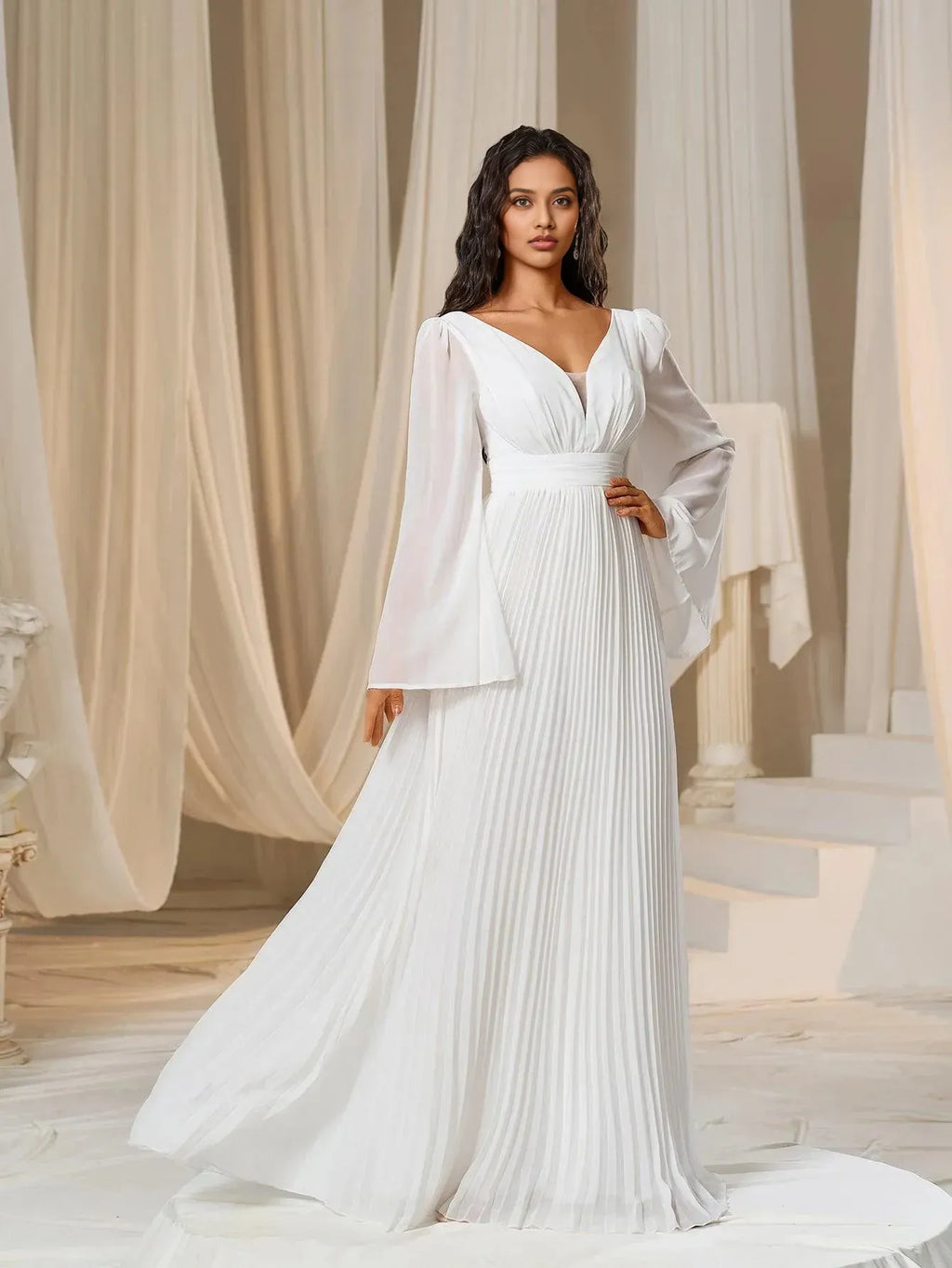 A-Line Plunging Neck Flared Sleeves Zipper Up Floor-Length Prom Dress