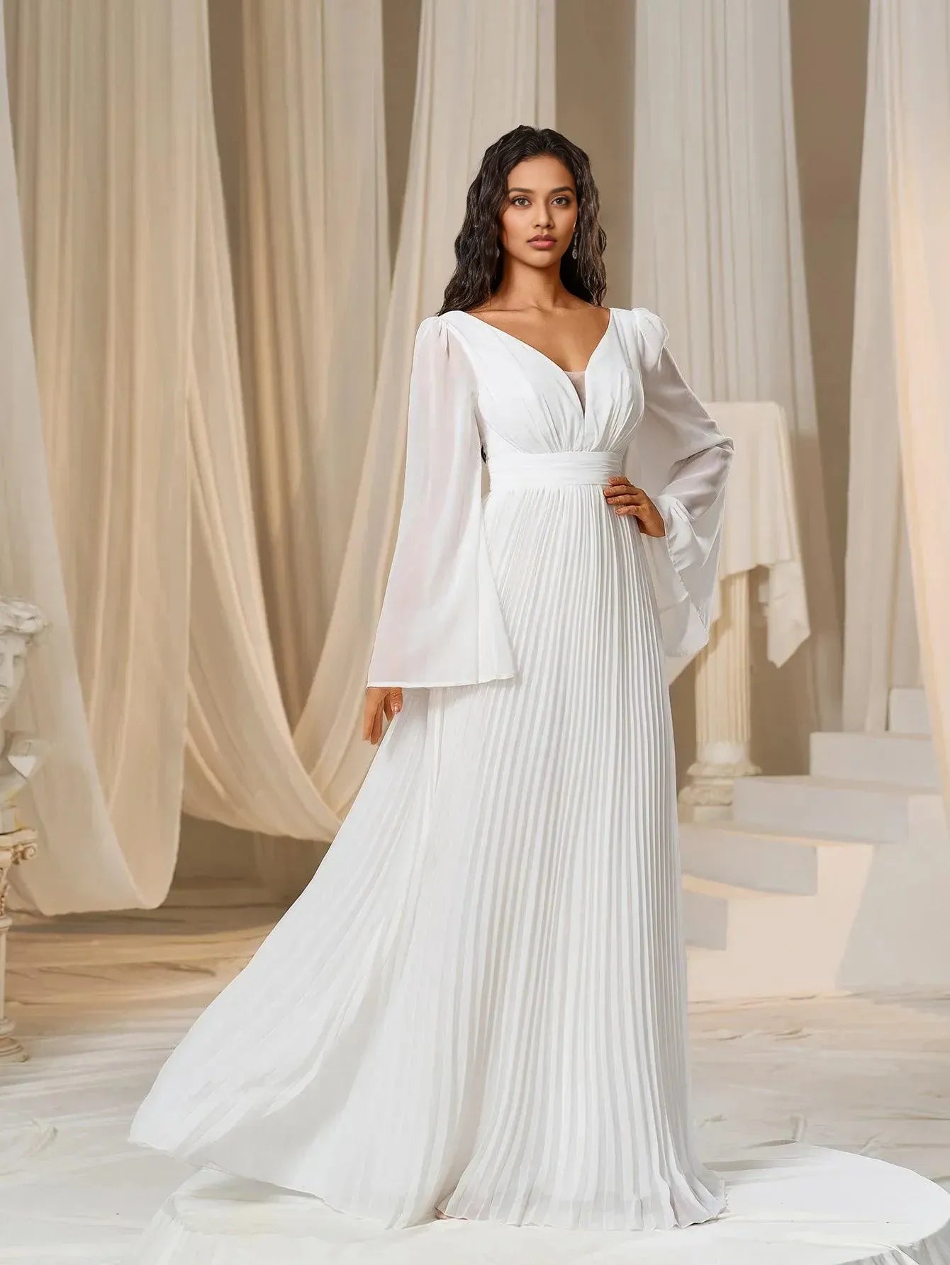 A-Line Plunging Neck Flared Sleeves Zipper Up Floor-Length Prom Dress