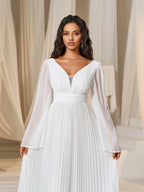 A-Line Plunging Neck Flared Sleeves Zipper Up Floor-Length Prom Dress
