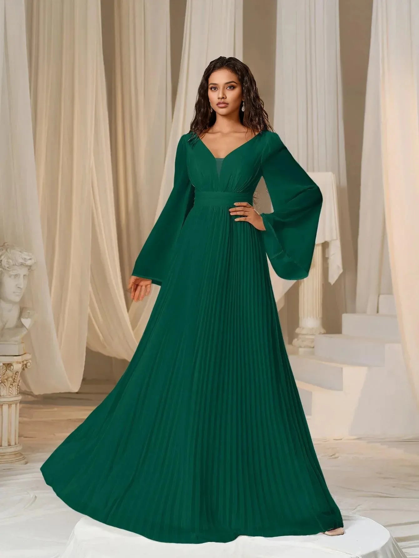 A-Line Plunging Neck Flared Sleeves Zipper Up Floor-Length Prom Dress