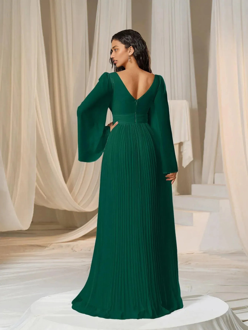 A-Line Plunging Neck Flared Sleeves Zipper Up Floor-Length Prom Dress