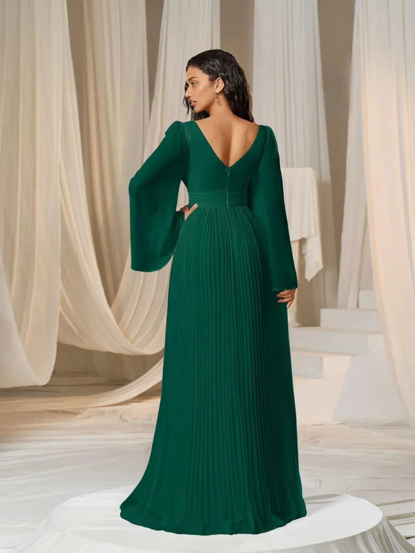 A-Line Plunging Neck Flared Sleeves Zipper Up Floor-Length Prom Dress
