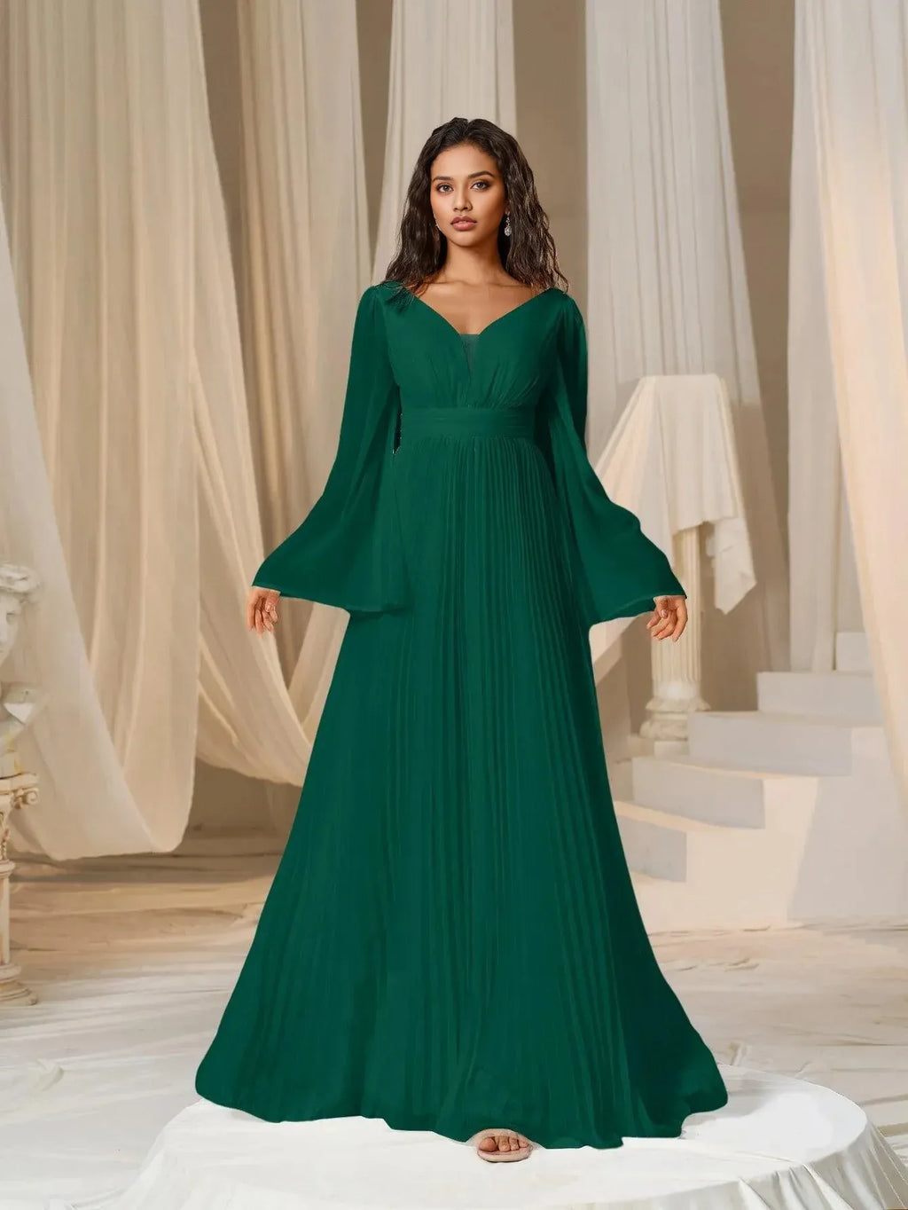 A-Line Plunging Neck Flared Sleeves Zipper Up Floor-Length Prom Dress