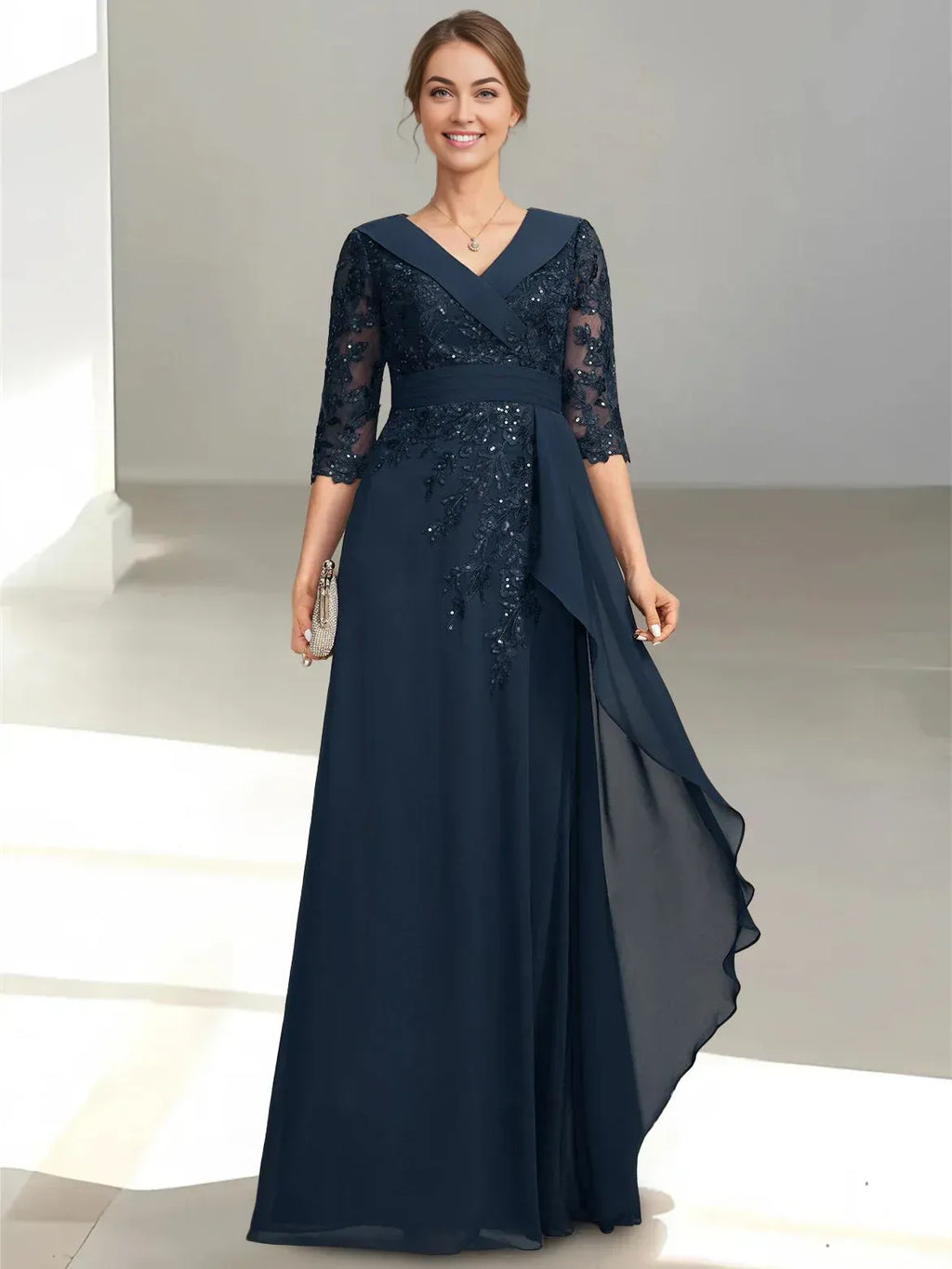 A-Line/Princess V-Neck Half Sleeves Ruffles Floor-Length Mother of the Bride Dress