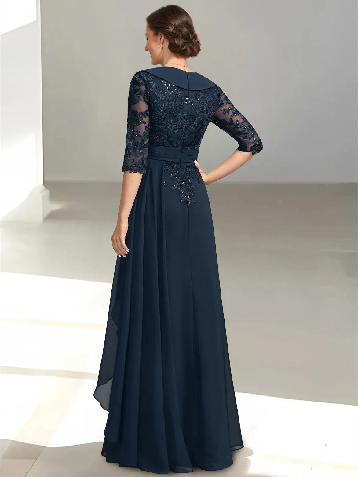 A-Line/Princess V-Neck Half Sleeves Ruffles Floor-Length Mother of the Bride Dress