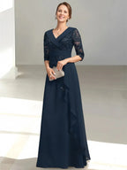 A-Line/Princess V-Neck Half Sleeves Ruffles Floor-Length Mother of the Bride Dress
