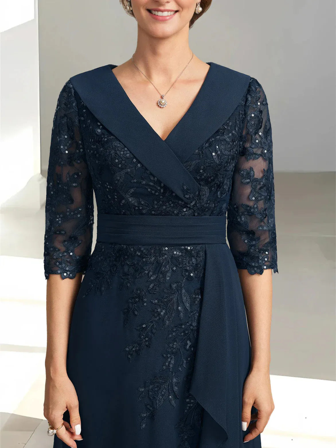 A-Line/Princess V-Neck Half Sleeves Ruffles Floor-Length Mother of the Bride Dress