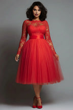 A-Line Round Neck Long Sleeve Midi Length Prom Dress