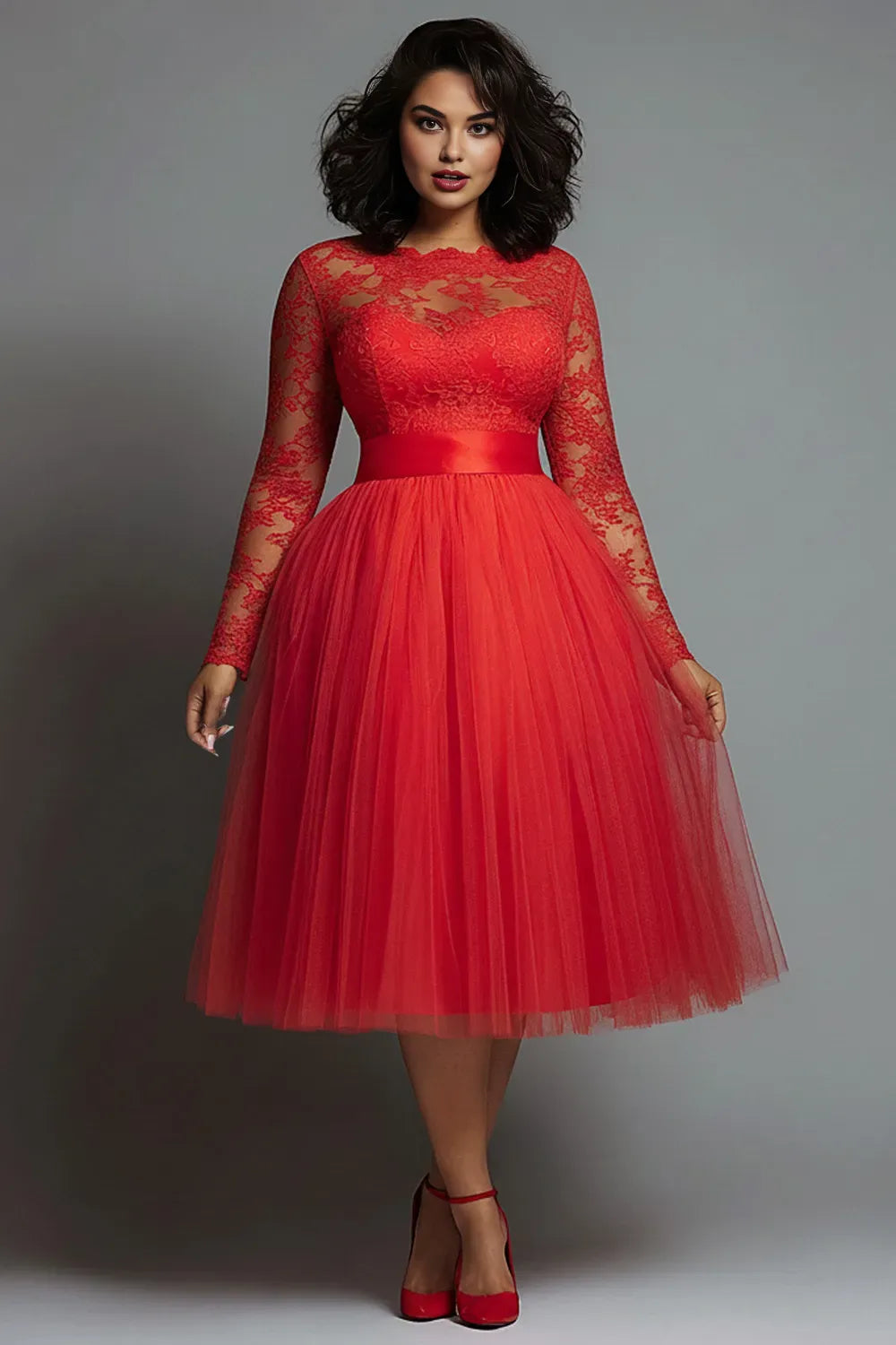A-Line Round Neck Long Sleeve Midi Length Prom Dress