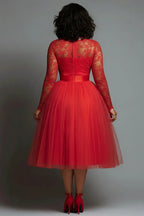 A-Line Round Neck Long Sleeve Midi Length Prom Dress