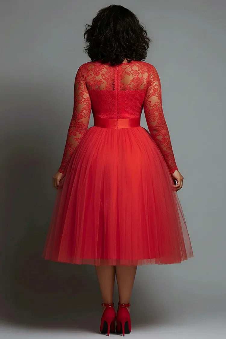 A-Line Round Neck Long Sleeve Midi Length Prom Dress