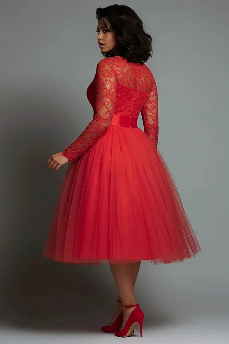 A-Line Round Neck Long Sleeve Midi Length Prom Dress
